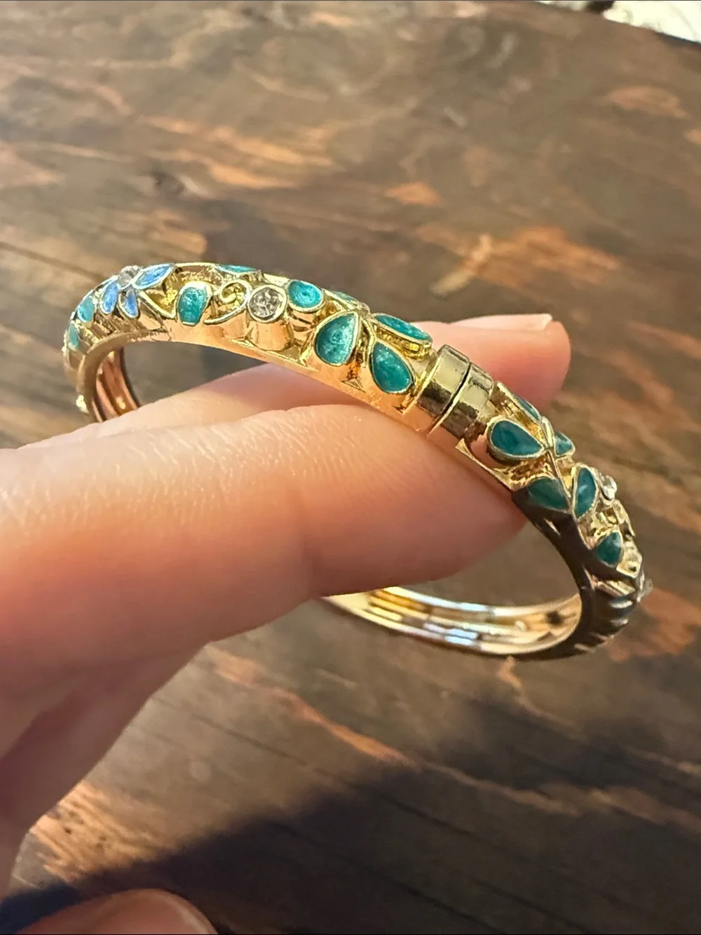 Gold Plated Blue Floral Enamel Bangle Bracelet Rhinestones